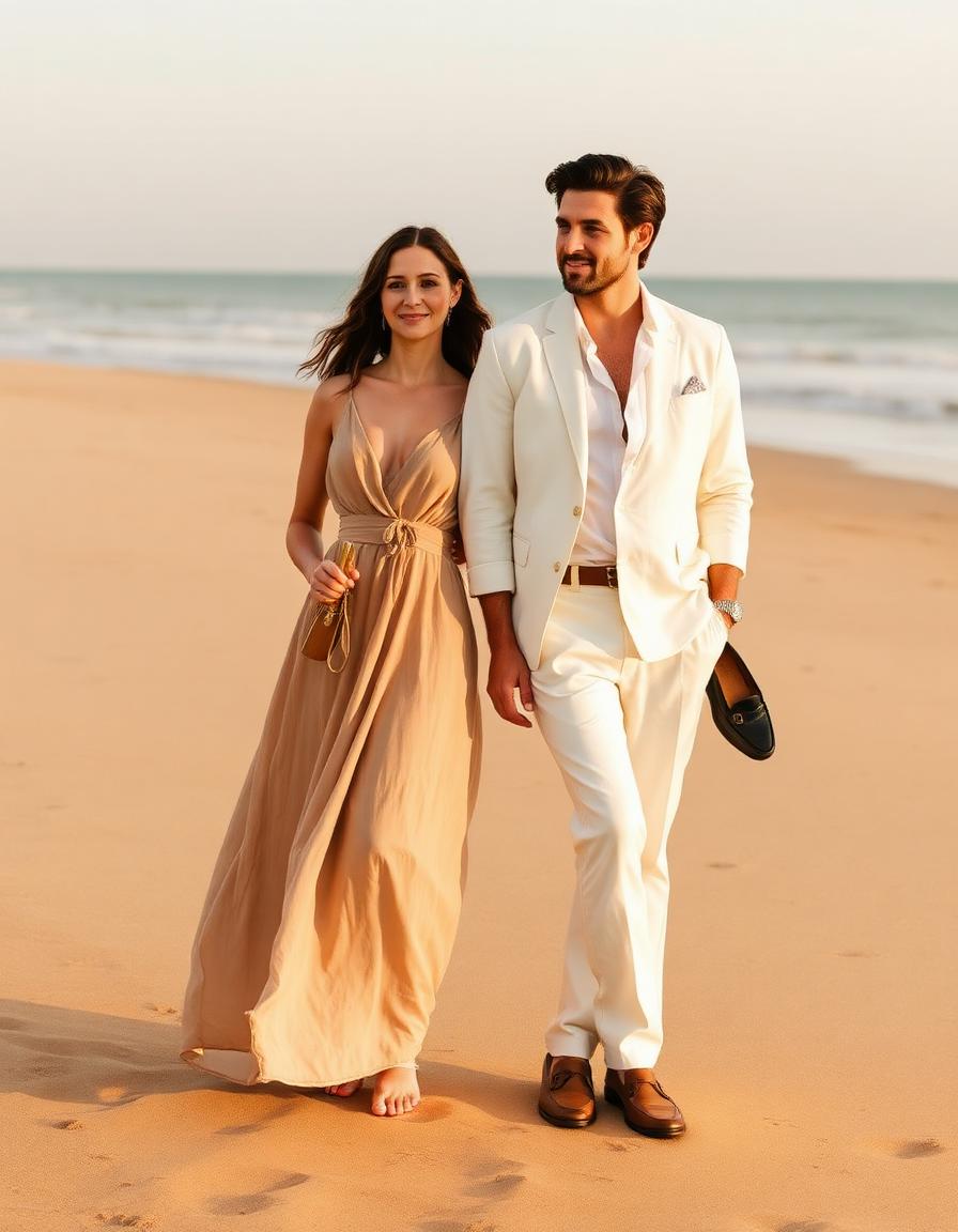 Couple in coastal formal attire on the sand