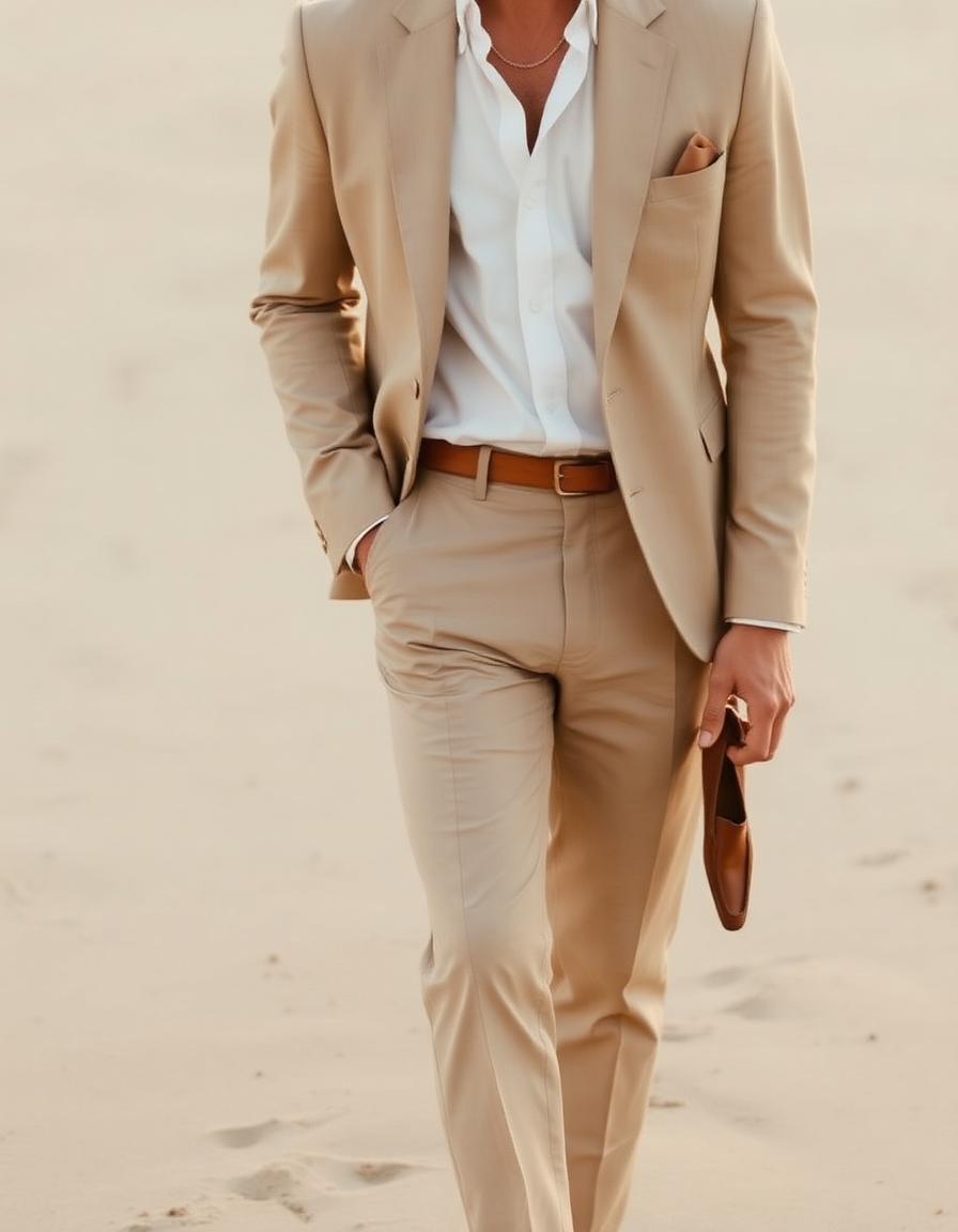Sand-beige linen suit with open-collar shirt